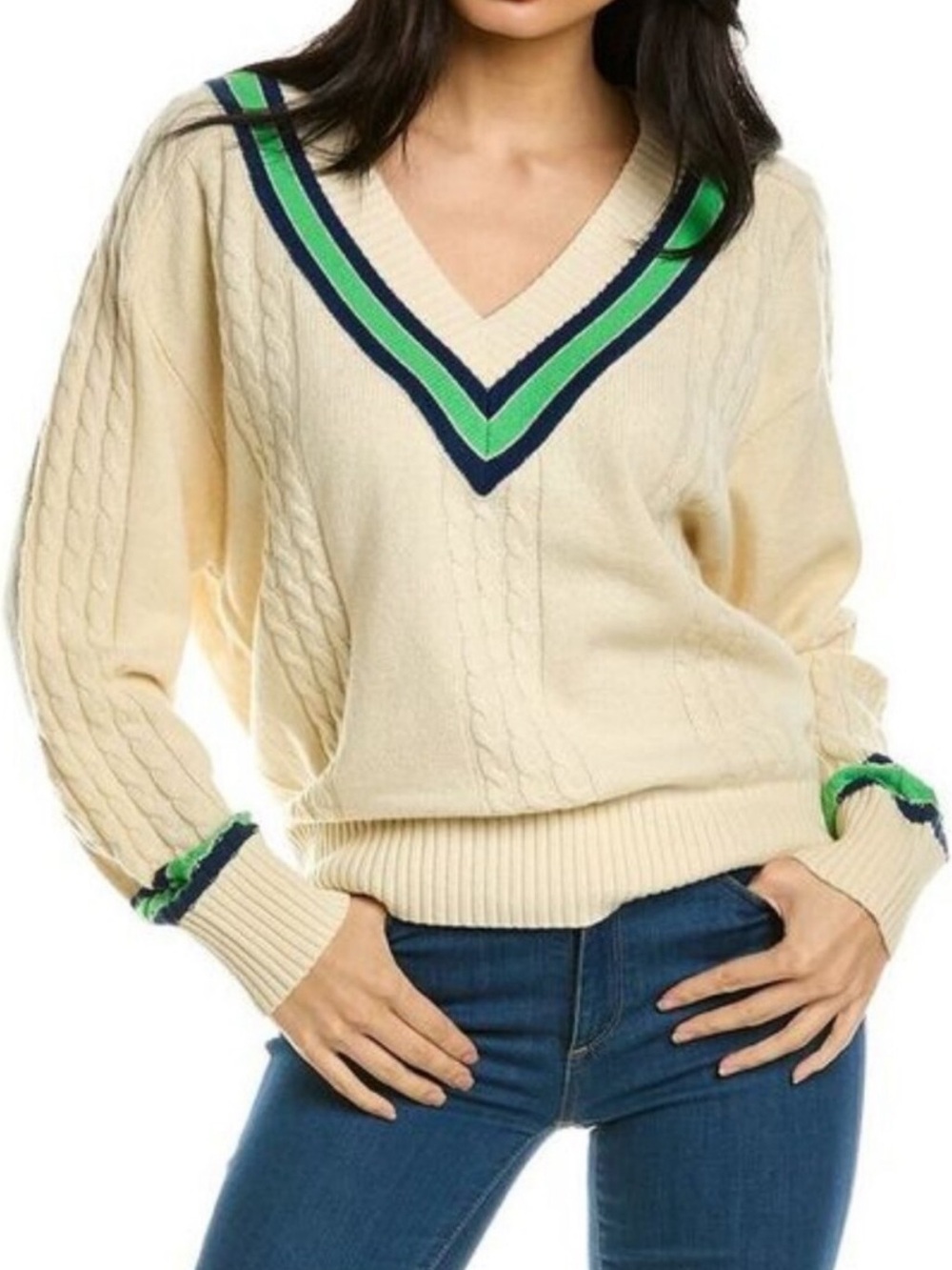 Rebecca Taylor Womens Contrast V-Neck Wool Blend Sweater Cream - Size Large